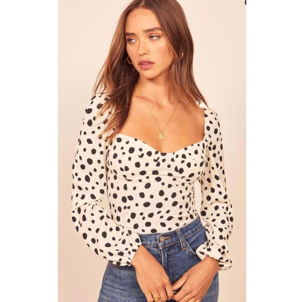 Reformation Long Sleeve Reign Top Black Polka Dot Dalmatian Size 14